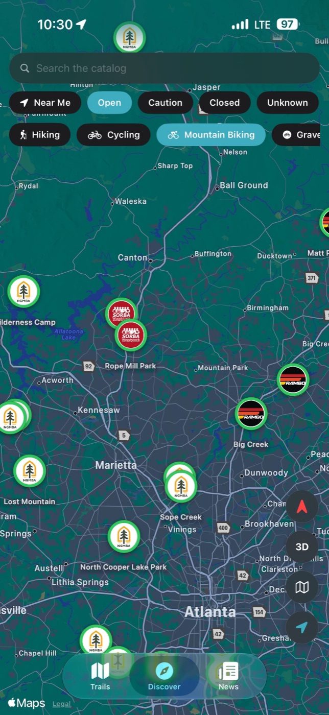 Discover map with trail-system pins