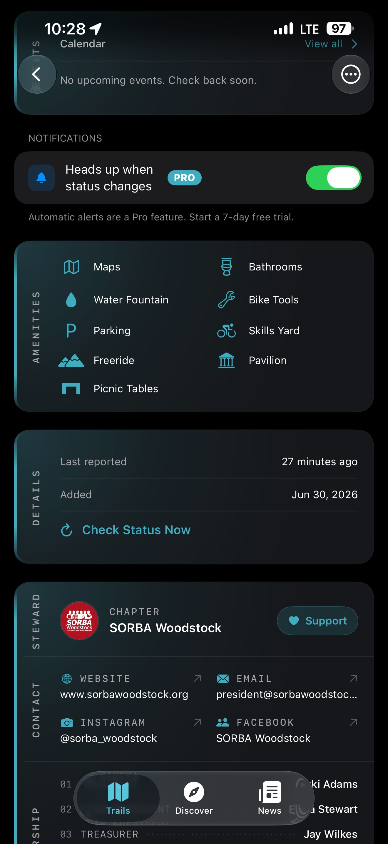 Trail details with amenities and stewarding organization